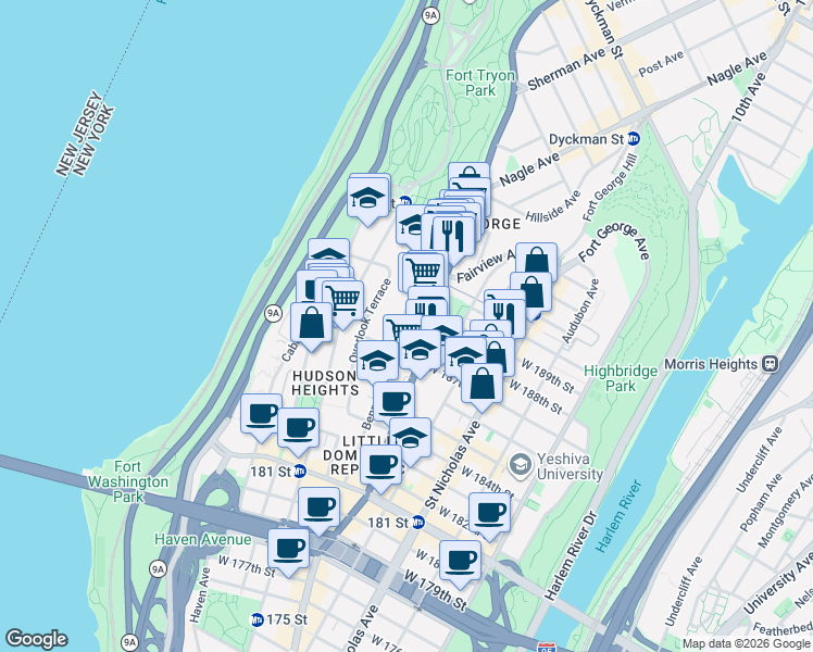 map of restaurants, bars, coffee shops, grocery stores, and more near 4411 Broadway in New York