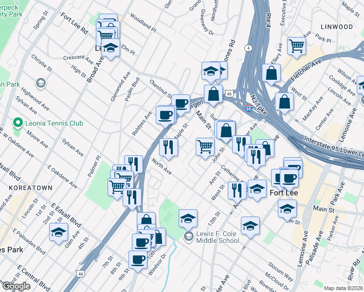 map of restaurants, bars, coffee shops, grocery stores, and more near 7 Hazlitt Avenue in Fort Lee