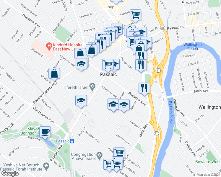 map of restaurants, bars, coffee shops, grocery stores, and more near in Passaic