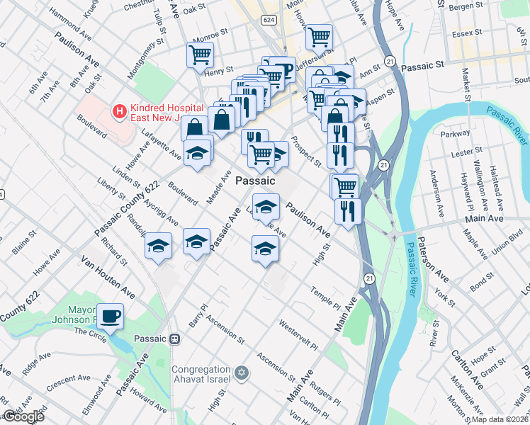 map of restaurants, bars, coffee shops, grocery stores, and more near in Passaic