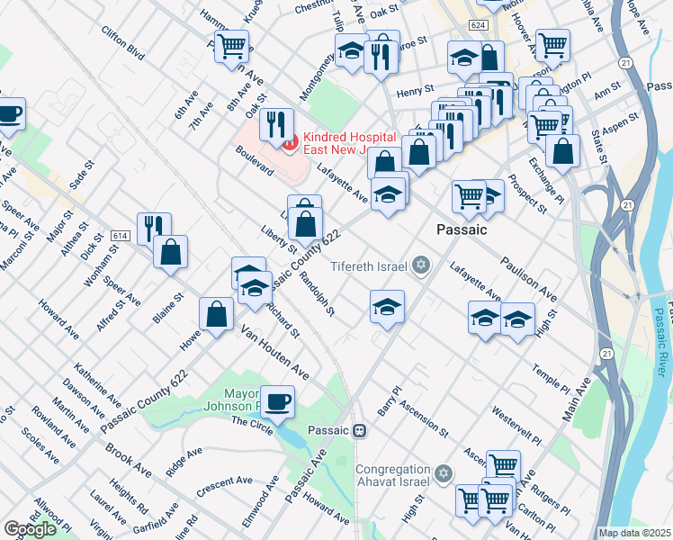 map of restaurants, bars, coffee shops, grocery stores, and more near 334 Aycrigg Avenue in Passaic