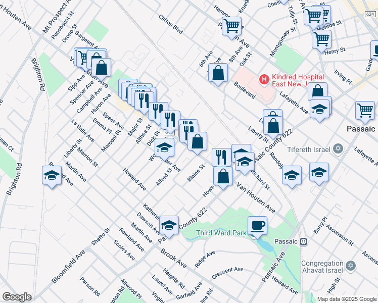 map of restaurants, bars, coffee shops, grocery stores, and more near 500 Van Houten Avenue in Passaic