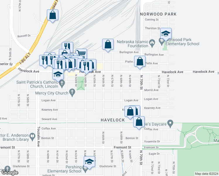 map of restaurants, bars, coffee shops, grocery stores, and more near 6613 Ballard Avenue in Lincoln