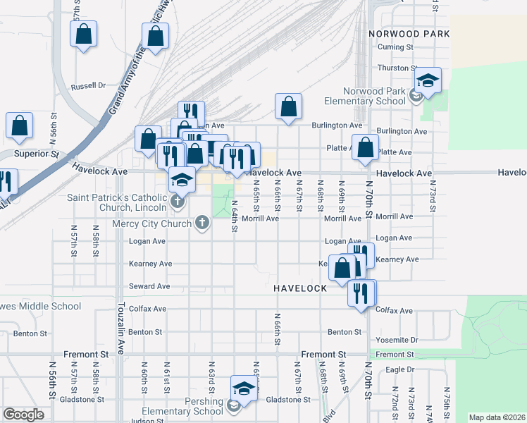 map of restaurants, bars, coffee shops, grocery stores, and more near 6503 Ballard Avenue in Lincoln