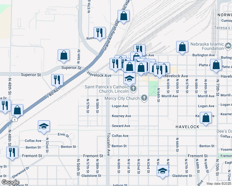 map of restaurants, bars, coffee shops, grocery stores, and more near 4225 North 60th Street in Lincoln