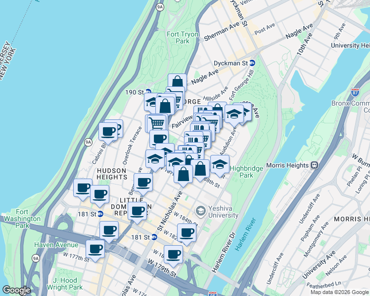 map of restaurants, bars, coffee shops, grocery stores, and more near 328 Wadsworth Avenue in New York