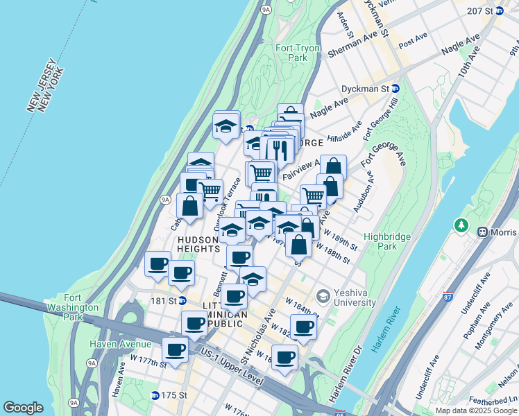 map of restaurants, bars, coffee shops, grocery stores, and more near 4411 Broadway in New York