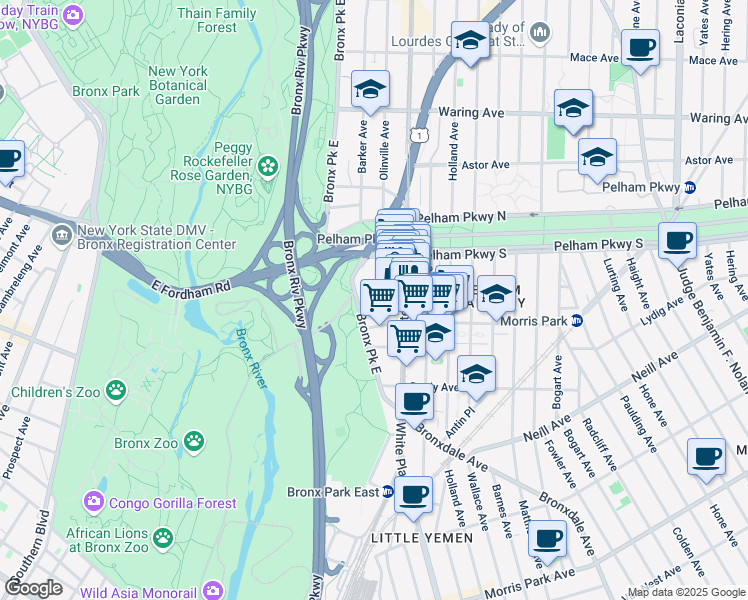 map of restaurants, bars, coffee shops, grocery stores, and more near 2185 Bolton Street in The Bronx