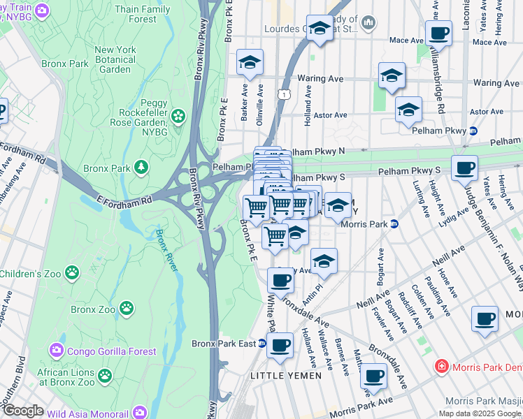 map of restaurants, bars, coffee shops, grocery stores, and more near 2160 Bolton Street in The Bronx