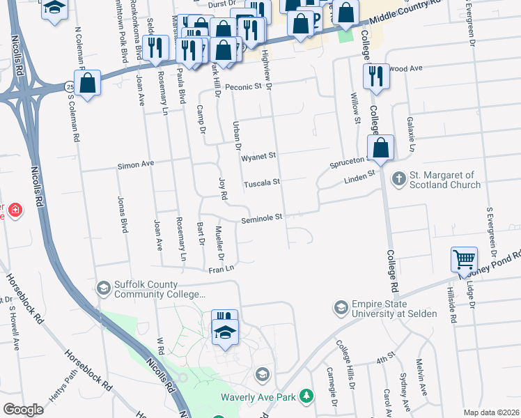 map of restaurants, bars, coffee shops, grocery stores, and more near 31 Joy Road in Selden