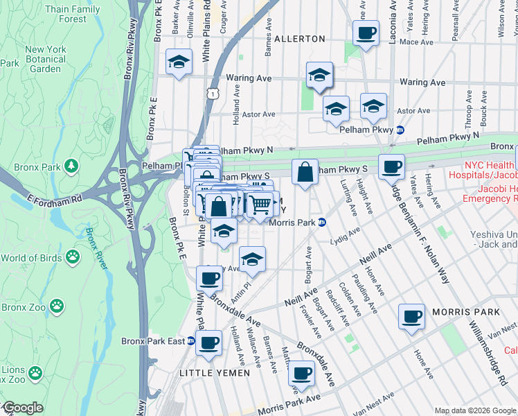 map of restaurants, bars, coffee shops, grocery stores, and more near in The Bronx