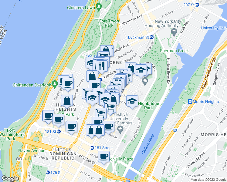 map of restaurants, bars, coffee shops, grocery stores, and more near 617 West 190th Street in New York
