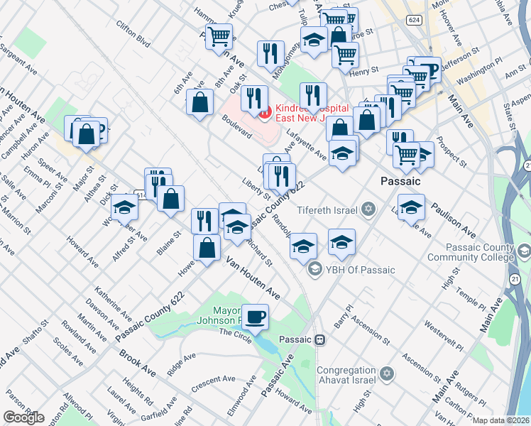 map of restaurants, bars, coffee shops, grocery stores, and more near 303 Howe Avenue in Passaic