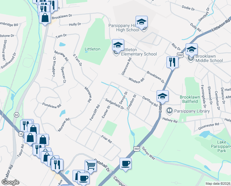 map of restaurants, bars, coffee shops, grocery stores, and more near 4 Exeter Street in Morris Plains
