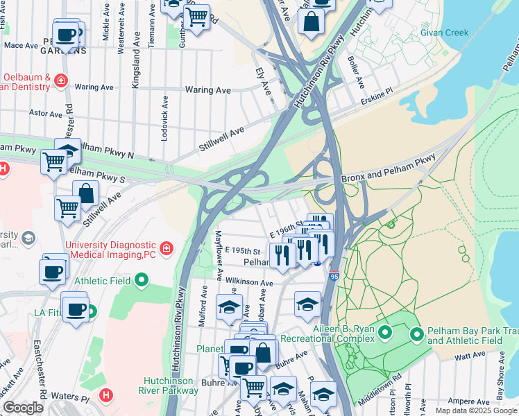 map of restaurants, bars, coffee shops, grocery stores, and more near 1850 Pelham Parkway South in The Bronx
