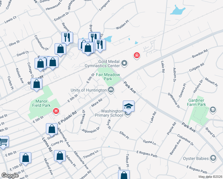 map of restaurants, bars, coffee shops, grocery stores, and more near 209 East Pulaski Road in Huntington Station