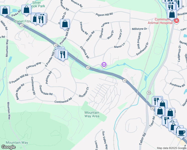 map of restaurants, bars, coffee shops, grocery stores, and more near 2587 New Jersey 10 in Morris Plains