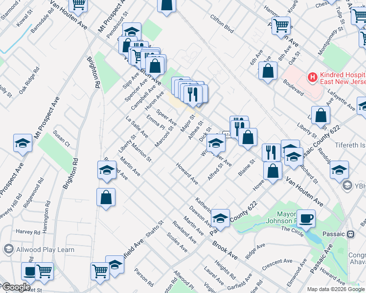 map of restaurants, bars, coffee shops, grocery stores, and more near 57 Althea Street in Clifton