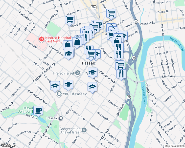 map of restaurants, bars, coffee shops, grocery stores, and more near in Passaic