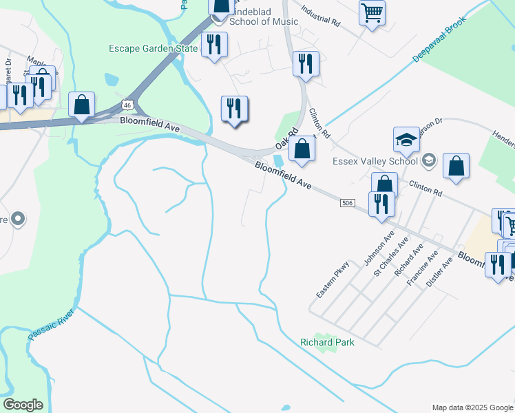 map of restaurants, bars, coffee shops, grocery stores, and more near 19 Broadway Lane in Fairfield
