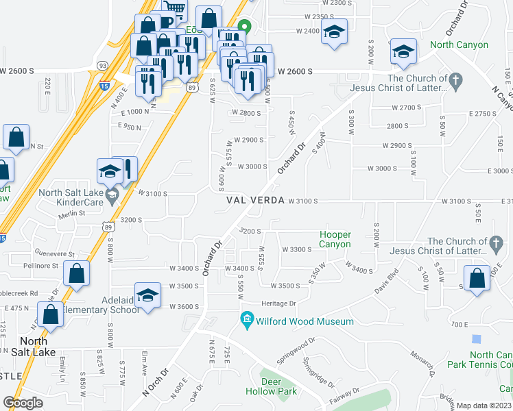 map of restaurants, bars, coffee shops, grocery stores, and more near 3102 Applewood Drive in Bountiful