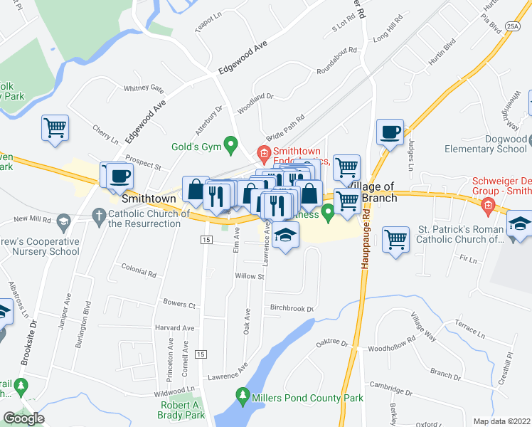map of restaurants, bars, coffee shops, grocery stores, and more near 15 E Main St in Smithtown