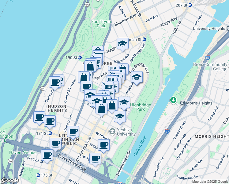 map of restaurants, bars, coffee shops, grocery stores, and more near St Nicholas Ave & 191st St Station Entrance Tunnel & Elevator in New York
