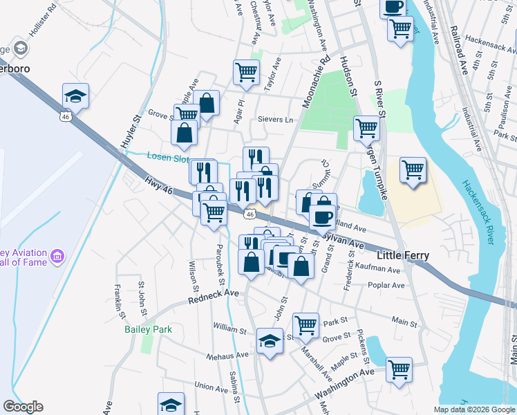 map of restaurants, bars, coffee shops, grocery stores, and more near 298 Route 46 in Little Ferry