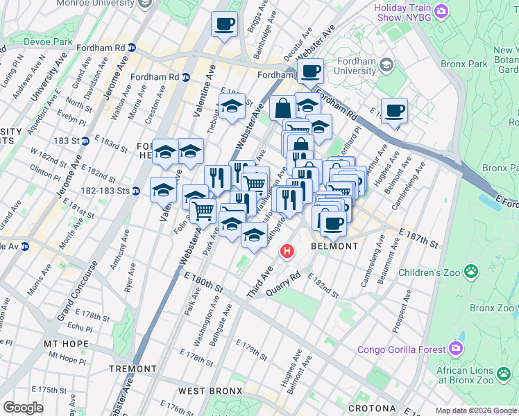 map of restaurants, bars, coffee shops, grocery stores, and more near Washington Ave & E 183rd St in Bronx
