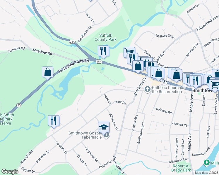 map of restaurants, bars, coffee shops, grocery stores, and more near 17 New Mill Rd in Smithtown