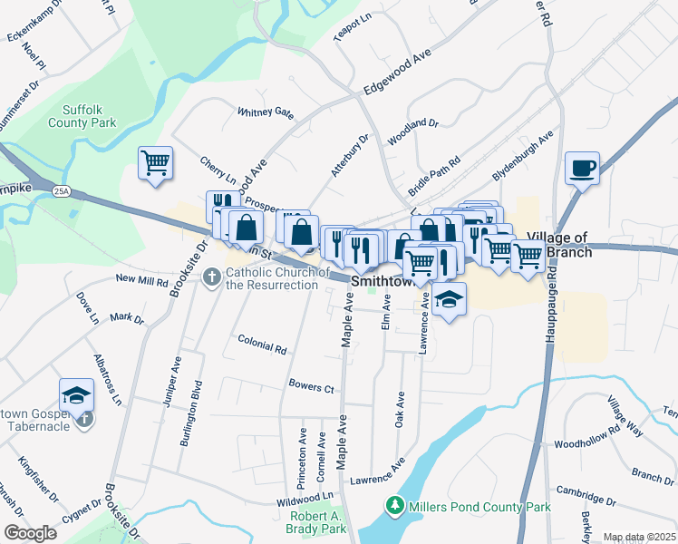 map of restaurants, bars, coffee shops, grocery stores, and more near 65 West Main Street in Smithtown