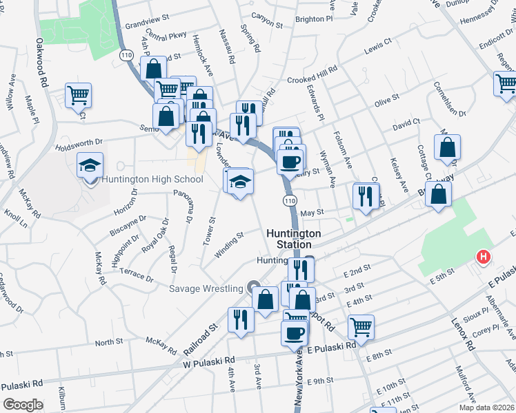 map of restaurants, bars, coffee shops, grocery stores, and more near 170a Lowndes Avenue in Huntington Station