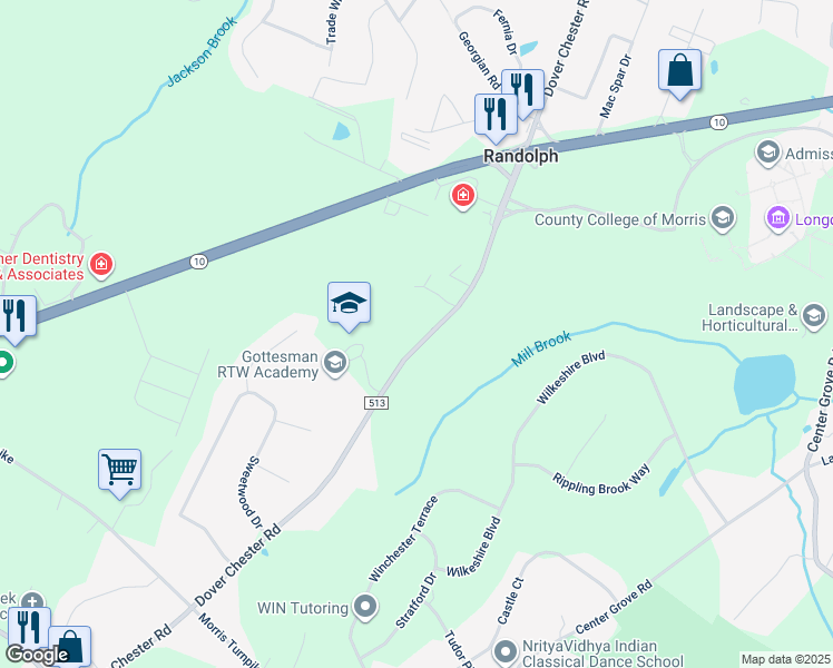 map of restaurants, bars, coffee shops, grocery stores, and more near 132 Dover Chester Road in Randolph