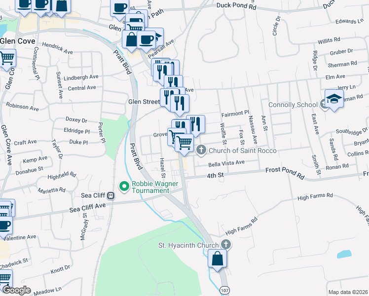 map of restaurants, bars, coffee shops, grocery stores, and more near 11 2nd Street in Glen Cove