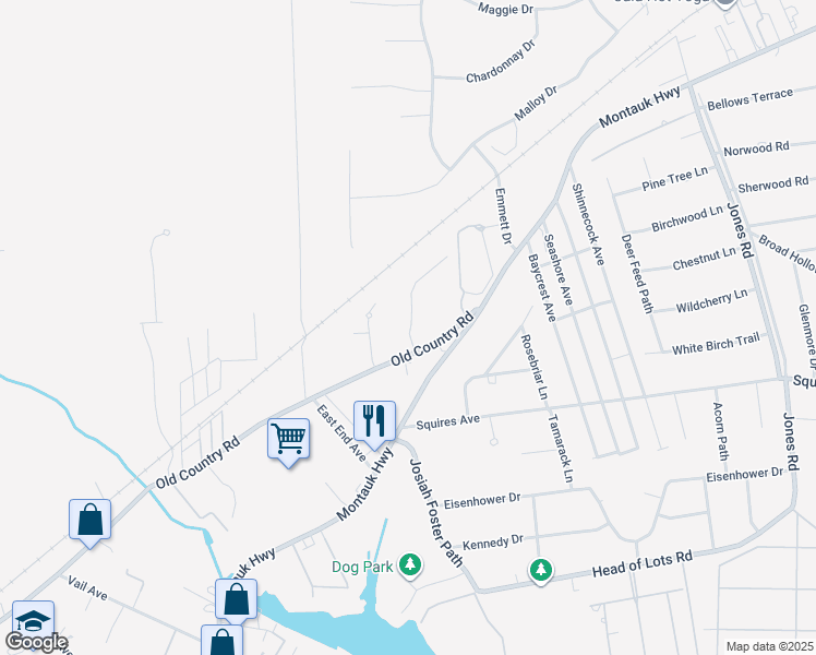 map of restaurants, bars, coffee shops, grocery stores, and more near 5 Bennett Drive in East Quogue
