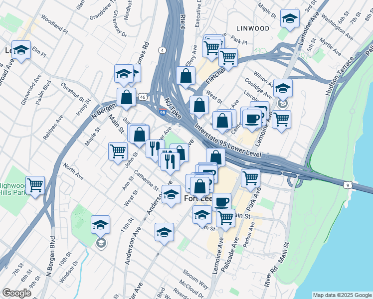 map of restaurants, bars, coffee shops, grocery stores, and more near 400 Lewis Street in Fort Lee