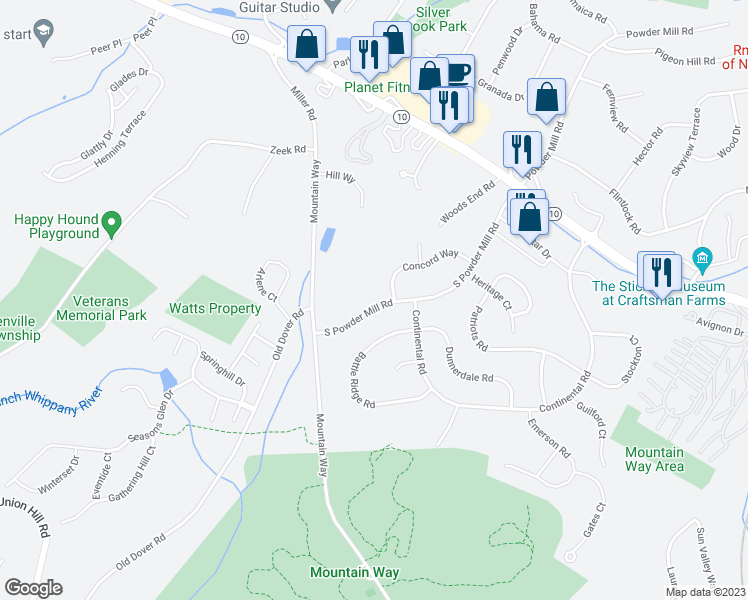 map of restaurants, bars, coffee shops, grocery stores, and more near 104 South Powder Mill Road in Morris Plains