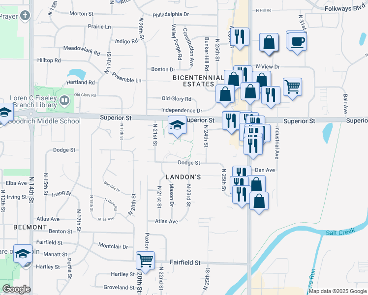 map of restaurants, bars, coffee shops, grocery stores, and more near 2200 Dodge Street in Lincoln