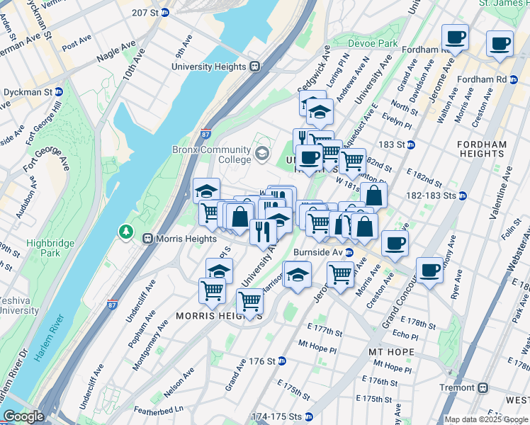 map of restaurants, bars, coffee shops, grocery stores, and more near Andrews Ave S & W 179th St in Bronx