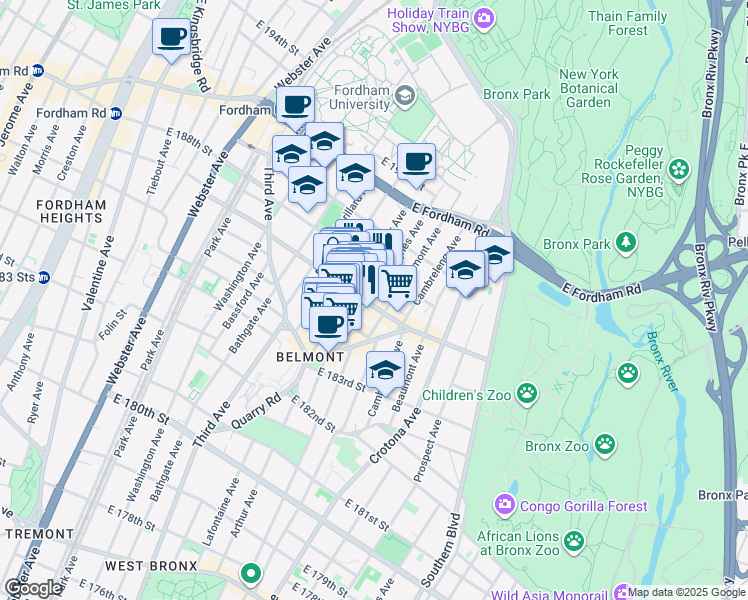 map of restaurants, bars, coffee shops, grocery stores, and more near 611 East 187th Street in Bronx