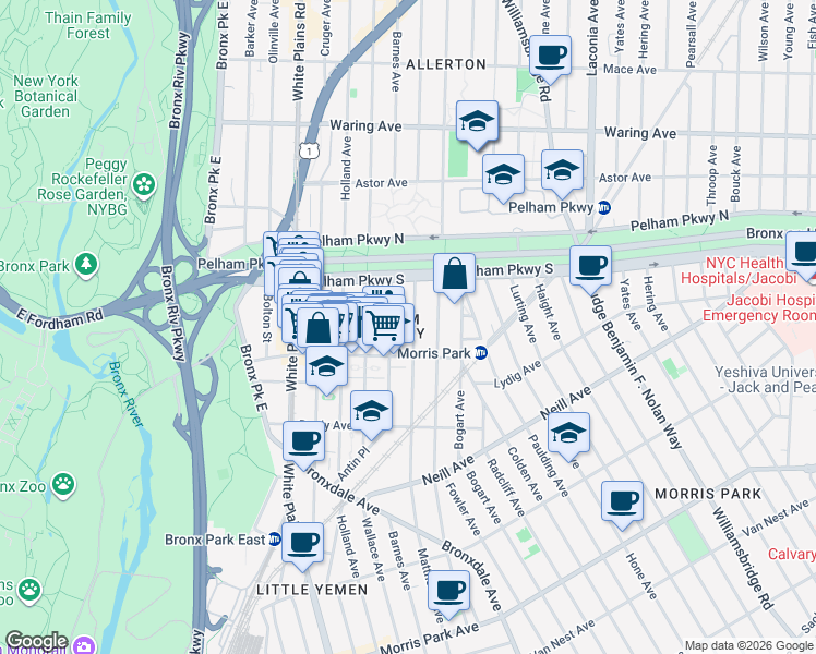 map of restaurants, bars, coffee shops, grocery stores, and more near 2145 Matthews Avenue in Bronx