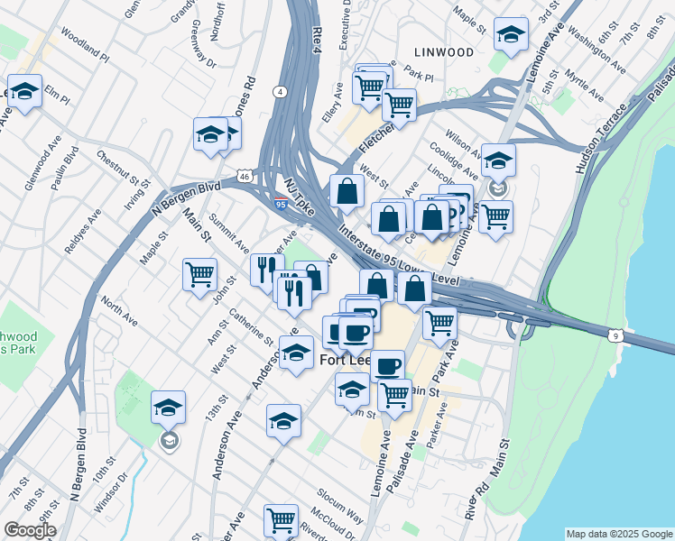 map of restaurants, bars, coffee shops, grocery stores, and more near 2100 Linwood Avenue in Fort Lee