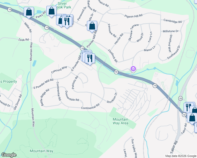 map of restaurants, bars, coffee shops, grocery stores, and more near 84 Continental Road in Morris Plains