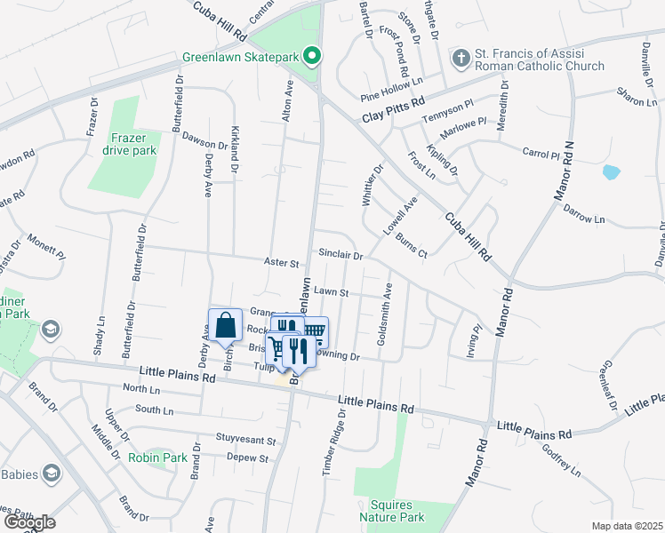map of restaurants, bars, coffee shops, grocery stores, and more near 10 Sinclair Drive in Greenlawn