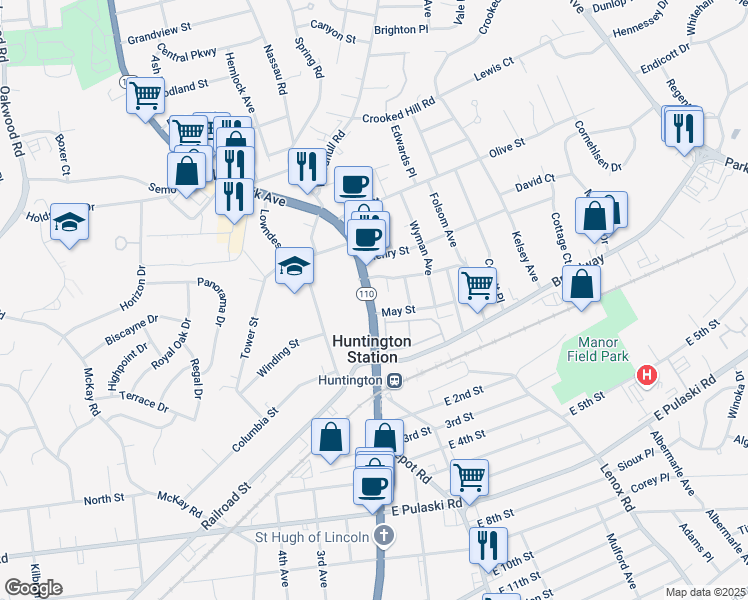map of restaurants, bars, coffee shops, grocery stores, and more near 1090 New York Avenue in Huntington Station