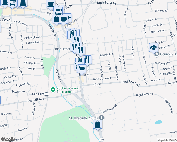 map of restaurants, bars, coffee shops, grocery stores, and more near 11 2nd Street in Glen Cove