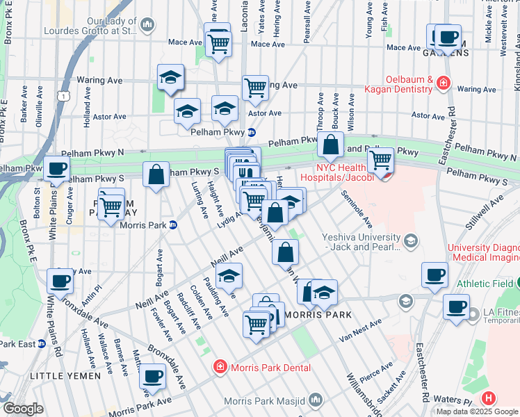 map of restaurants, bars, coffee shops, grocery stores, and more near 2103 Williamsbridge Road in Bronx