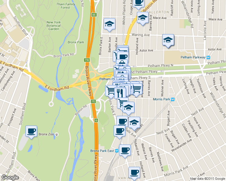 map of restaurants, bars, coffee shops, grocery stores, and more near 2185 Bolton Street in The Bronx