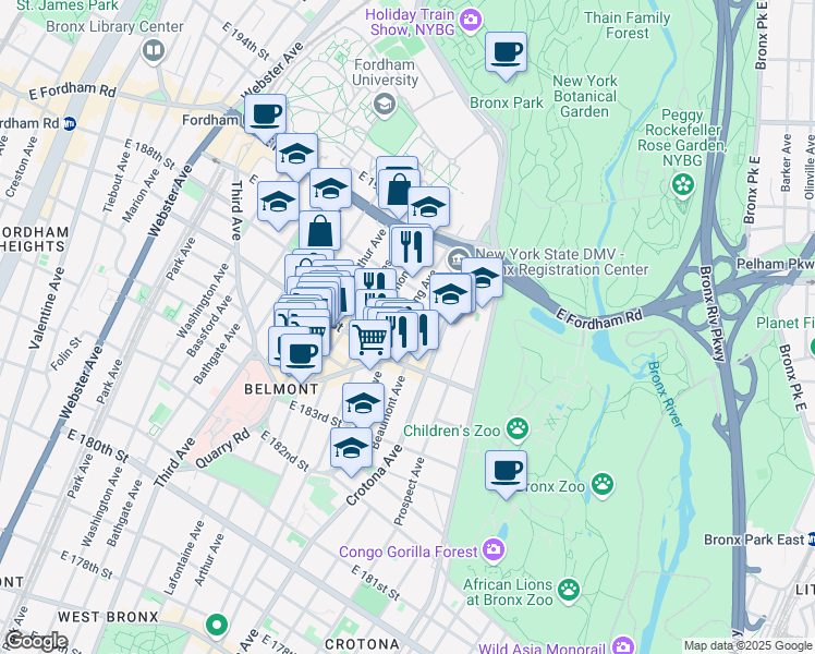 map of restaurants, bars, coffee shops, grocery stores, and more near 2445 Beaumont Avenue in Bronx