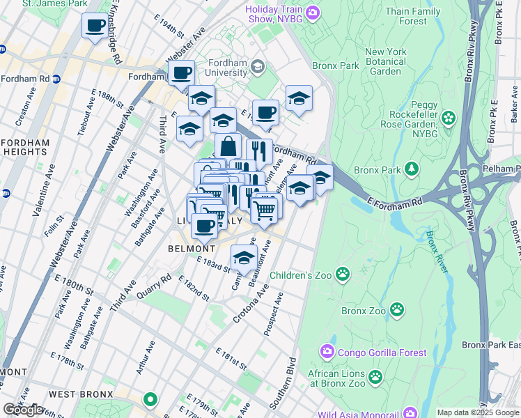 map of restaurants, bars, coffee shops, grocery stores, and more near in The Bronx